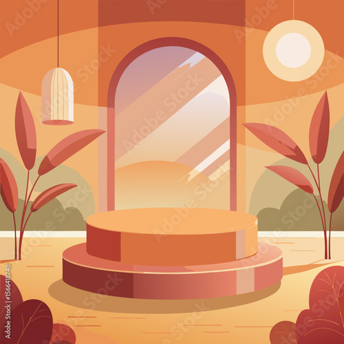 Modern interior scene with archway mirror and display podium surrounded by plants
