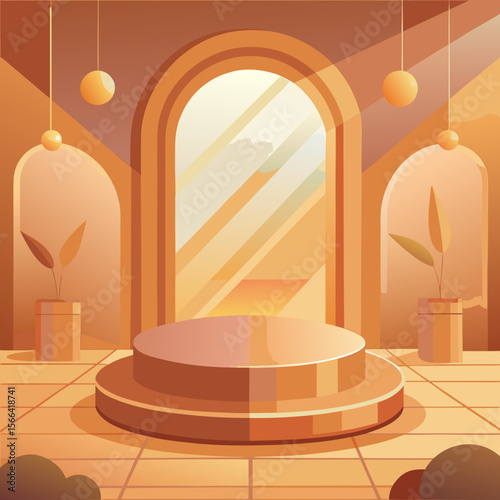 Modern minimalist interior with arched doorway and illuminated podium