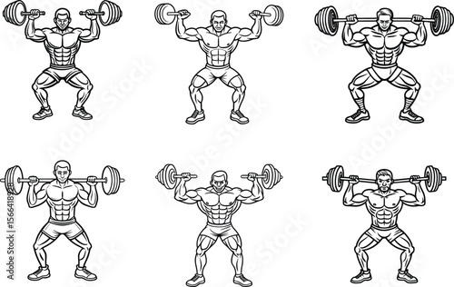 A black and white illustration showcasing six bodybuilders performing the barbell squat