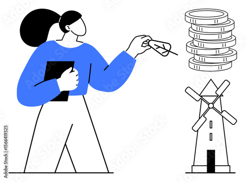 Woman holding leaf, windmill, coin stack highlight eco-friendly energy, sustainability, and financial growth. Ideal for green energy, renewable energy, investment, climate action innovation
