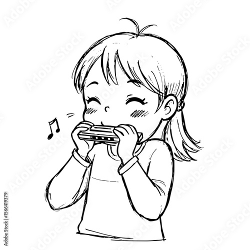 Young girl playing harmonica and smiling on isolated background