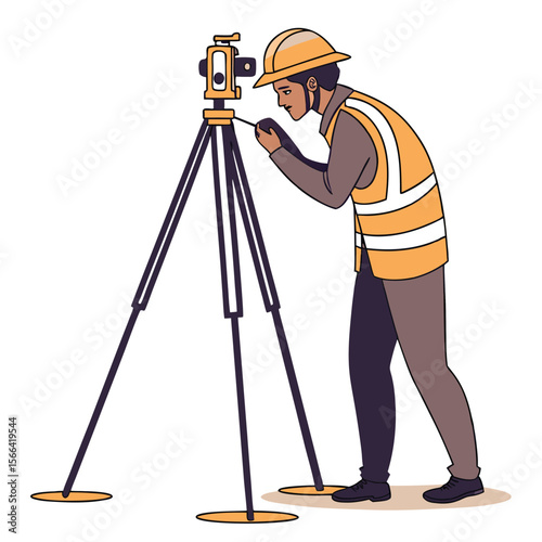 Surveyor in hard hat and vest using a theodolite surveying