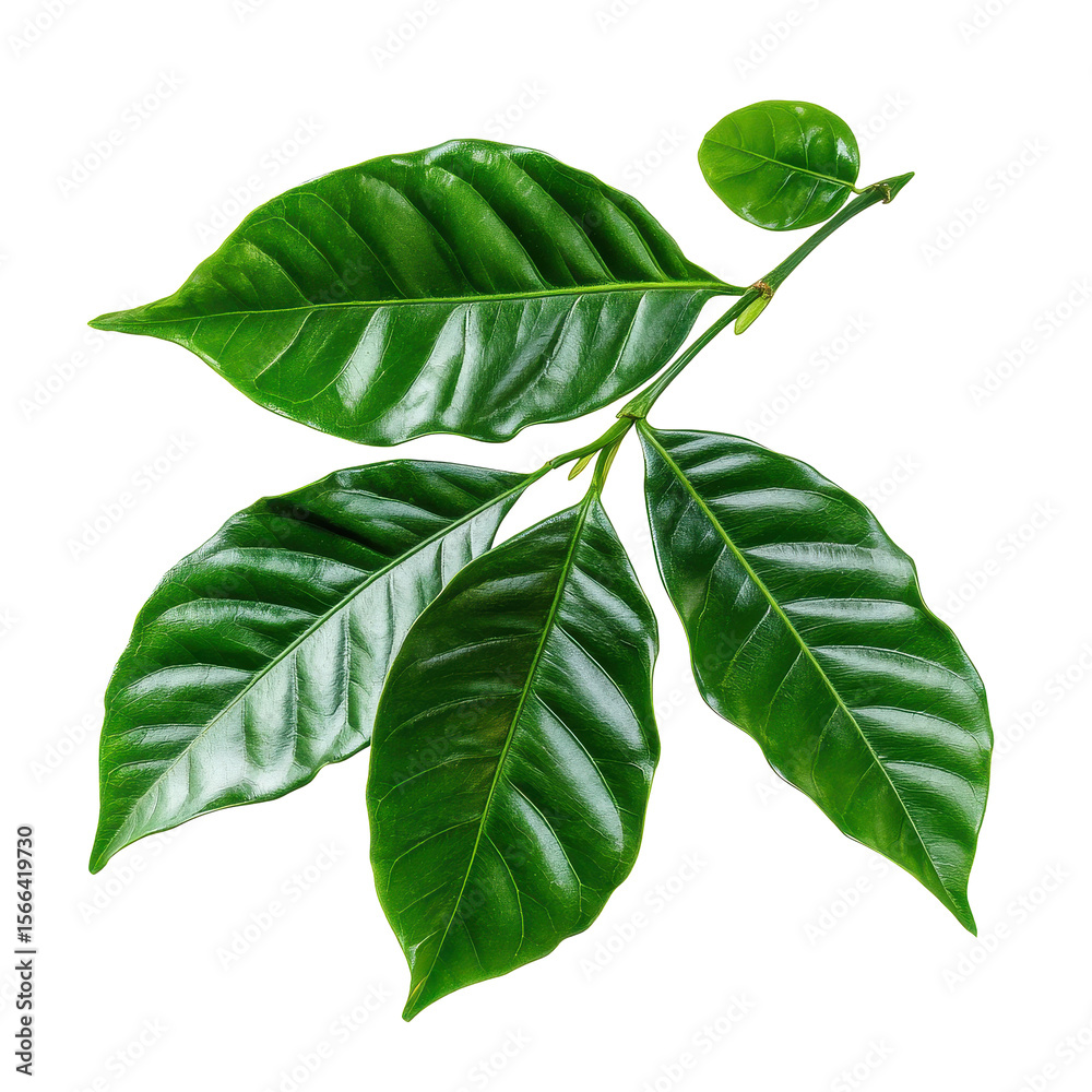 Obraz premium Coffee leaves on a bright Transparent background showcasing their vibrant green color and unique texture, coffee leaves isolated on PNG background