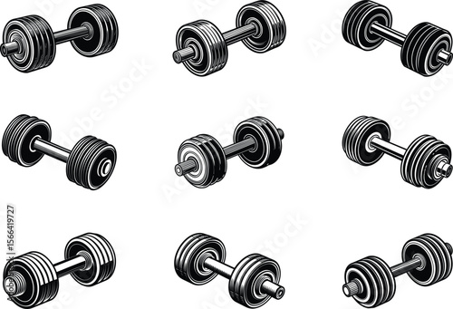 A monochromatic collection of nine dumbbells in various isometric perspectives for exercise