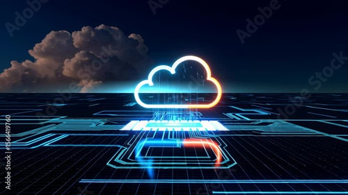 Digital cloud symbol in neuro space. The scene features glowing lines and a dark background, representing technology and data transfer.