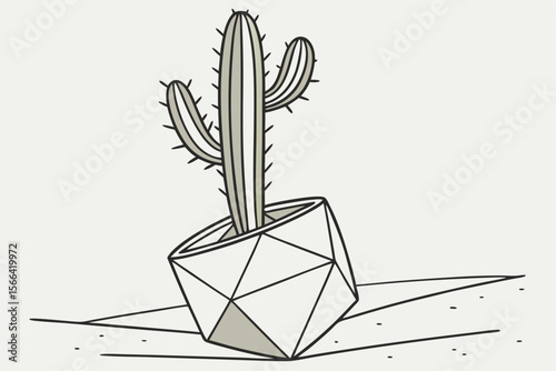Tall cactus in geometric planter on light background