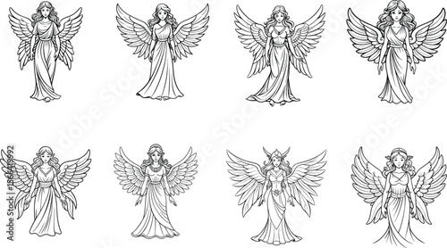 Collection of eight different angel designs in a line art style illustration