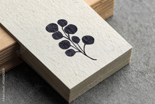Minimalist botanical stamp mockup featuring simple black plant illustration on textured off white paper, perfect for branding, stationery, or eco friendly design inspiration
