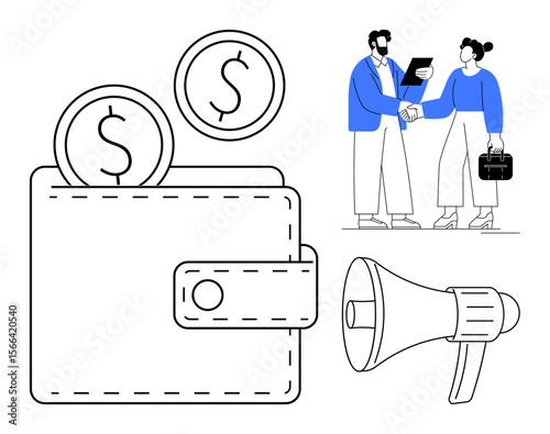 Wallet with coins conveys money savings, handshake shows partnership and trust, megaphone symbolizes communication. Ideal for finance, partnership, marketing, trust, networking, savings simplicity