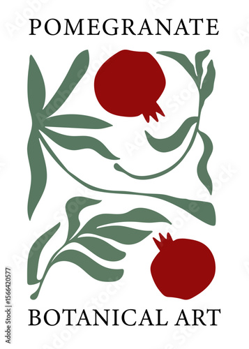 Fruit Market abstract retro poster. Trendy contemporary wall art with pomegranate in bright colors. Modern naive groovy interior painting. Hand drawn vintage fruits and plants