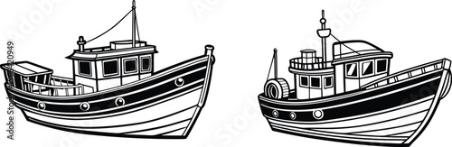 Black and white vector drawing depicting two vintage fishing boats sailing