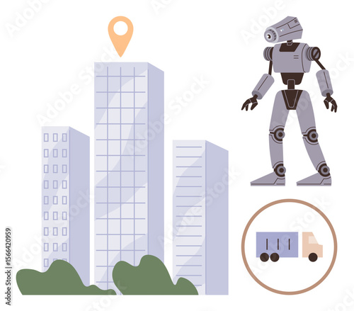 Robot beside tall buildings, truck icon, and location marker suggest urban technology, logistics, AI, transport, automation, delivery systems and smart city planning. Simple flat metaphor