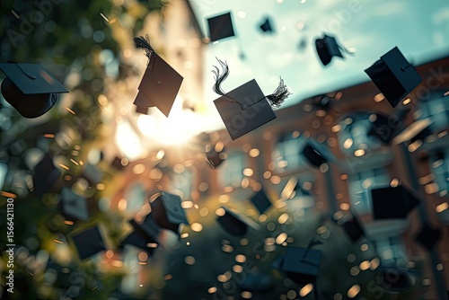 High Resolution Visual of Graduation Caps Thrown in the Air Professional Advertising Photography