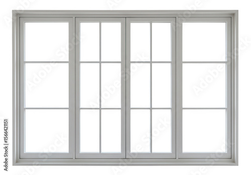 A modern white window frame with clear glass panes stands isolated on transparent background, showcasing architectural design
