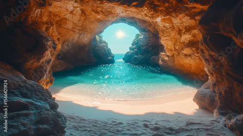 Bright sunlight illuminates a serene beach cove inside a rocky cave during midday with clear turquoise waters and soft sandy shore