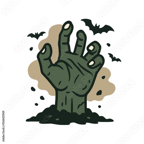 Zombie Hand Rising from Grave Halloween Horror Illustration with Bats