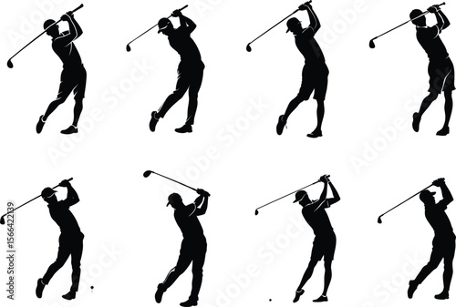 A collection of golf swing silhouettes depicting the stages of a swing