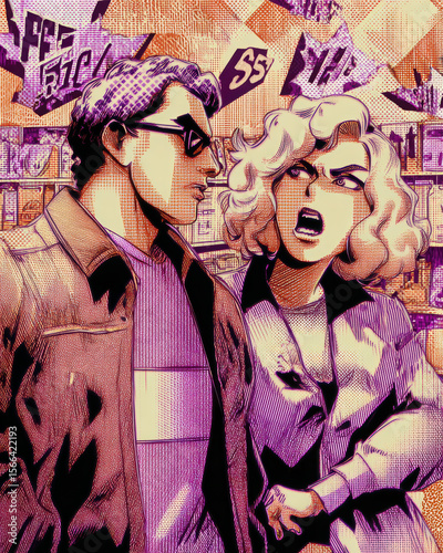 Stylized comic art illustration of couple arguing in vibrant setting, showcasing intense emotions and dynamic expressions. scene captures tension between them, with bold colors and dramatic lines