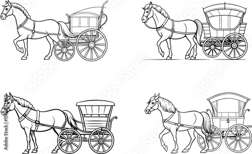 Four horse and carriage line drawings in a vector style image