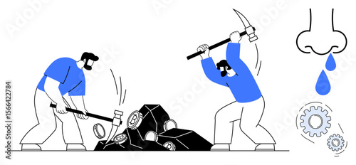 Two workers breaking coal with sledgehammers and pickaxes, nose with dripping liquid symbolizing pollution or labor hardships, gears metaphor for effort. Ideal for industry, energy, labor, struggle