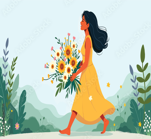 Woman in a yellow dress walking with a beautiful bouquet of flowers