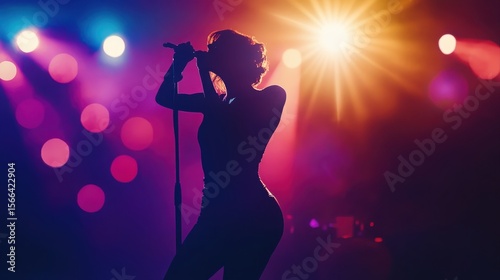 Silhouette of singer on stage in spotlights. Banner design