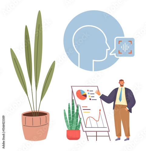 Potted plants, voice recognition icon, and professional presenting graphs on presentation board. Ideal for business, technology, data analysis, teamwork, education, productivity simple flat metaphor