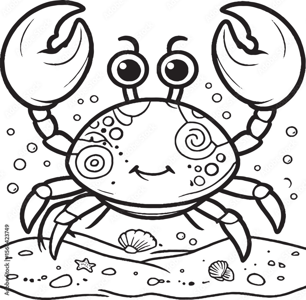 Fototapeta premium Cartoon Crab Coloring Page for Kids – Cute Underwater Sea Life Illustration