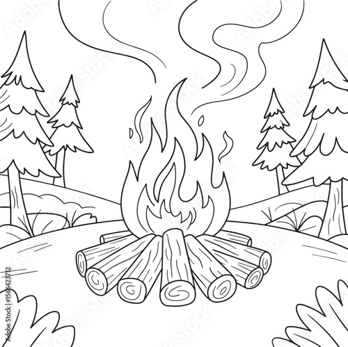 Campfire Coloring Page, Forest Bonfire Drawing, Kids Campfire Art, Firewood Sketch, Outdoor Fire Illustration, Nature Flame Scene, Camping Fire Line Art