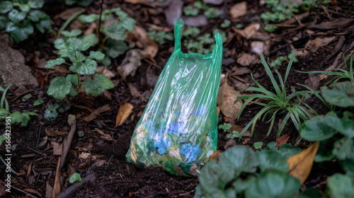 Top-down view of compostable plastic bag on dark mulch and loamy soil, vibrant green color contrasting with deep browns, leaves and grass clippings scattered perfect symbol of ecol