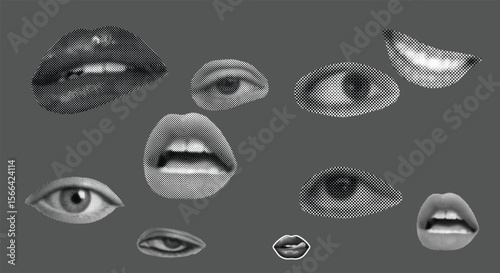 halftone effect eyes lips mouth smile , anger , love , shock , Surreal Black and White Collage of Eyes and Mouths isolated on gray background 