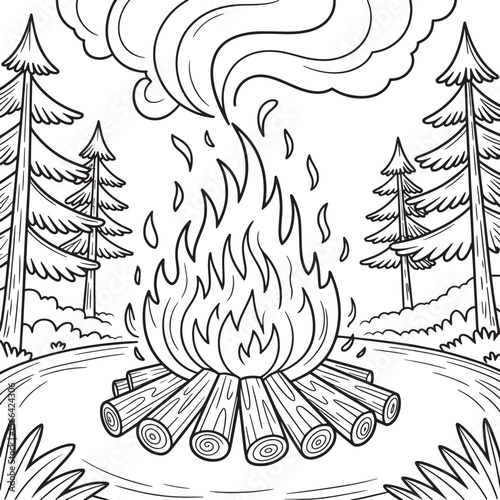 Campfire Coloring Page, Forest Bonfire Drawing, Kids Campfire Art, Firewood Sketch, Outdoor Fire Illustration, Nature Flame Scene, Camping Fire Line Art