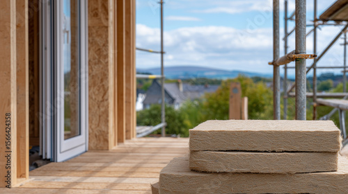 Beige insulation boards piled carefully inside skeletal wooden structure of house, partial view of open window with distant landscape, scaffolding outside construction phase focusi