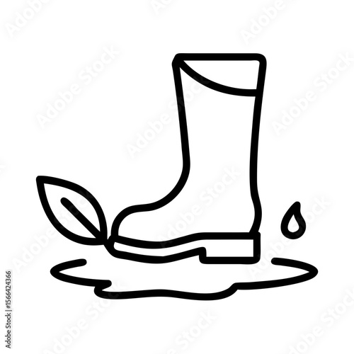 Boots in puddle with leaf — outdoor walk moment, minimalist illustration