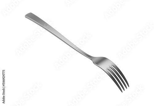 A sleek stainless steel fork with a reflective finish and a slightly curved handle. 3D Illustration