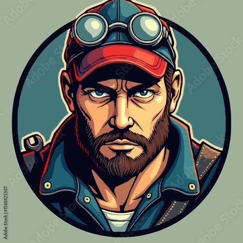 Tough mechanic with cap, auto repair, garage worker, industrial art, wrench tool, mechanic portrait, automotive sketch, garage lifestyle, repair expert, industrial design, mechanic illustration,tough 