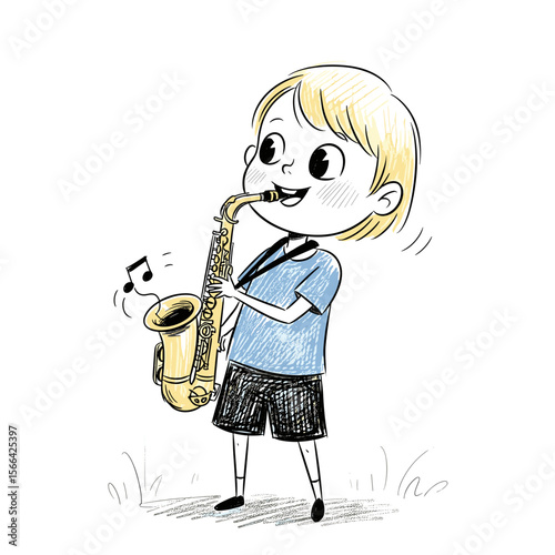 Young boy playing saxophone happily in outdoor setting  