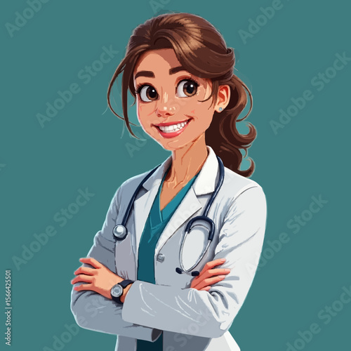 Female doctor in white coat, medical professional, healthcare hero, stethoscope, hospital illustration, caring physician, medical art, doctor portrait, healthcare design, medical lifestyle, hospital 