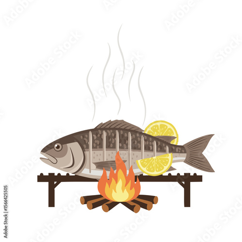  Fish Grilling Over Flames with Lemon Wedges and Smoke Lines, Flat Food Icon
