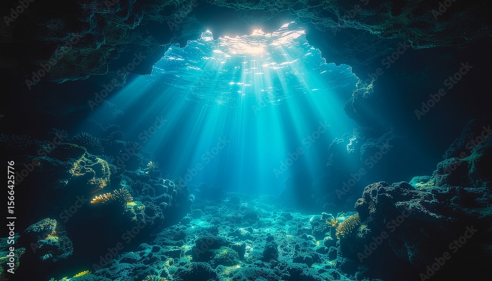 Obraz premium Sunbeams Illuminate Underwater Cave An Enchanting Ocean Scene