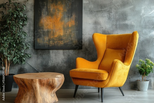 Wooden stump coffee table placed near a vibrant yellow fabric wing chair against a concrete wall with an art poster. Scandinavian interior design for a modern living room, Generative AI