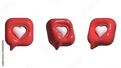3D love chat bubble icons with heart symbols for romantic messages or social media, Heart Message Icon Set, Love Bubble Symbols, 3D Social Chat Icons, Romantic Message Design