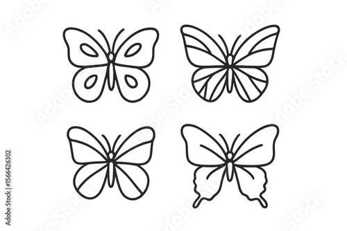 Various outlines of butterflies in different poses and styles showcasing intricate designs in a minimalist approach