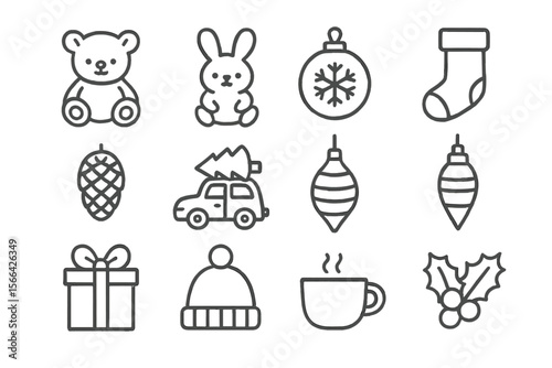 Festive holiday icons including toys, decorations, and winter accessories arranged in a neat grid