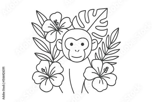 Cute monkey surrounded by tropical flowers and leaves in a playful garden setting