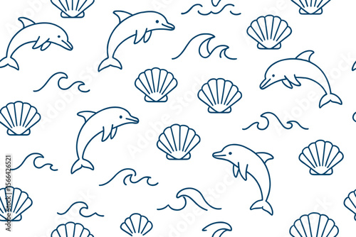 Dolphins swim among seashells and waves in a playful ocean pattern depicting marine life