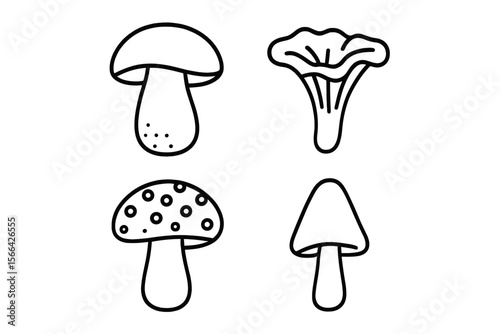 Collection of hand-drawn mushroom illustrations featuring various types and shapes in simple black and white style