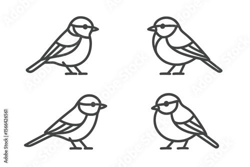 Stylized illustrations of four small birds in various poses on a white background
