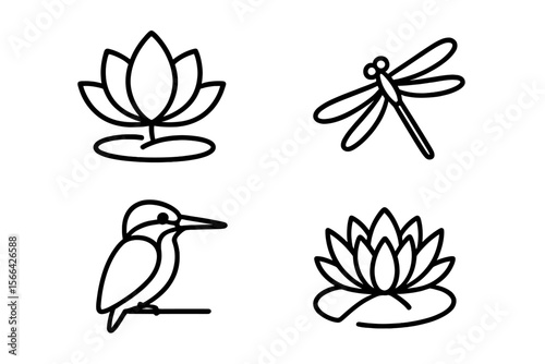Illustrations of nature elements featuring lotus flowers, a dragonfly, and a kingfisher in a minimalist design