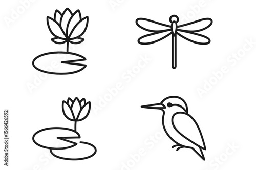 Nature illustrations showcasing a lotus, dragonfly, kingfisher, and water lilies in a serene aquatic setting